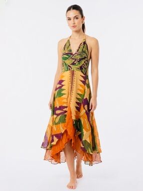 Raj 100% Silk Boho Halter Dress Size S Multi-Color Patchwork India